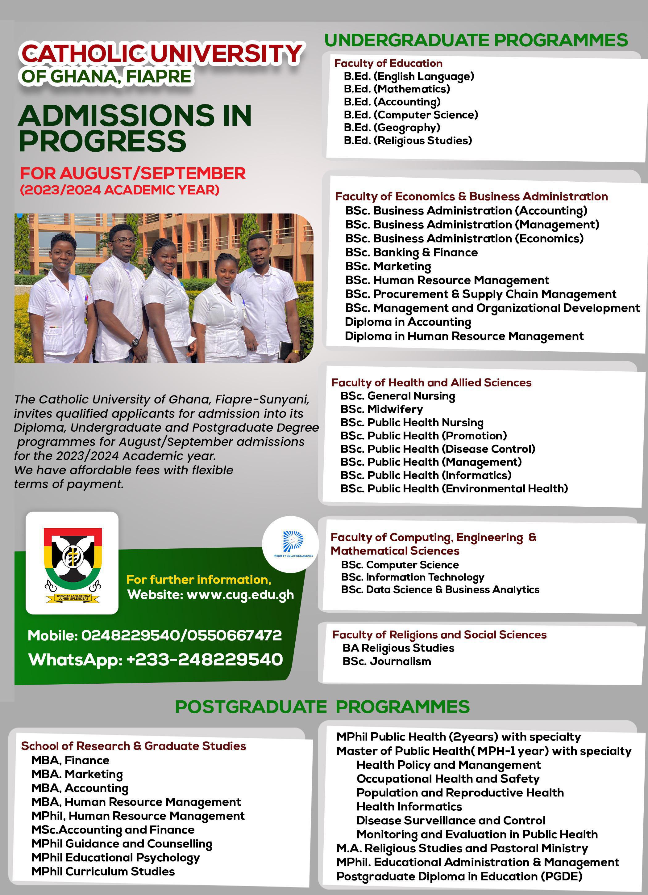 Catholic University of Ghana 2023/2024 August/September Admissions Undergraduate and Postgraduate Programmes image