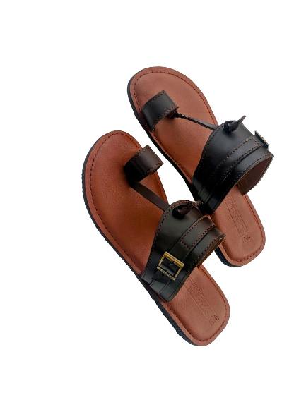 Buckle Nut Handmade Quality Leather Slippers - Coffee image