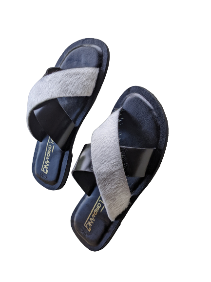 Cross Fur Handmade Quality Leather Slippers - Black and White image