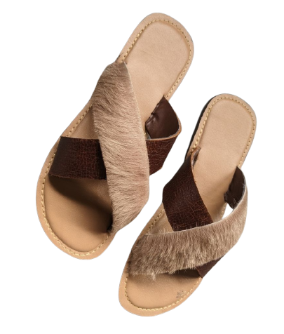 Fur Handmade Quality Leather Slippers - Brown image