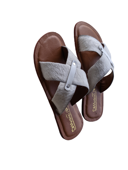 Cross Fur Handmade Quality Leather Slippers - White image