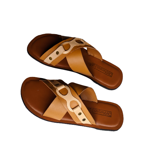 Bow Cross Handmade Quality Leather Slippers - Brown