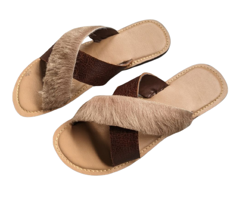 Fur Handmade Quality Leather Slippers - Brown
