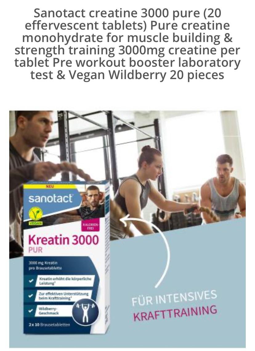 Sanotact creatine 3000 pure (20 effervescent tablets) Pure creatine monohydrate for muscle building &amp; strength training 3000mg creatine per tablet Pre workout booster laboratory test &amp; Vegan Wildberry 20 pieces image