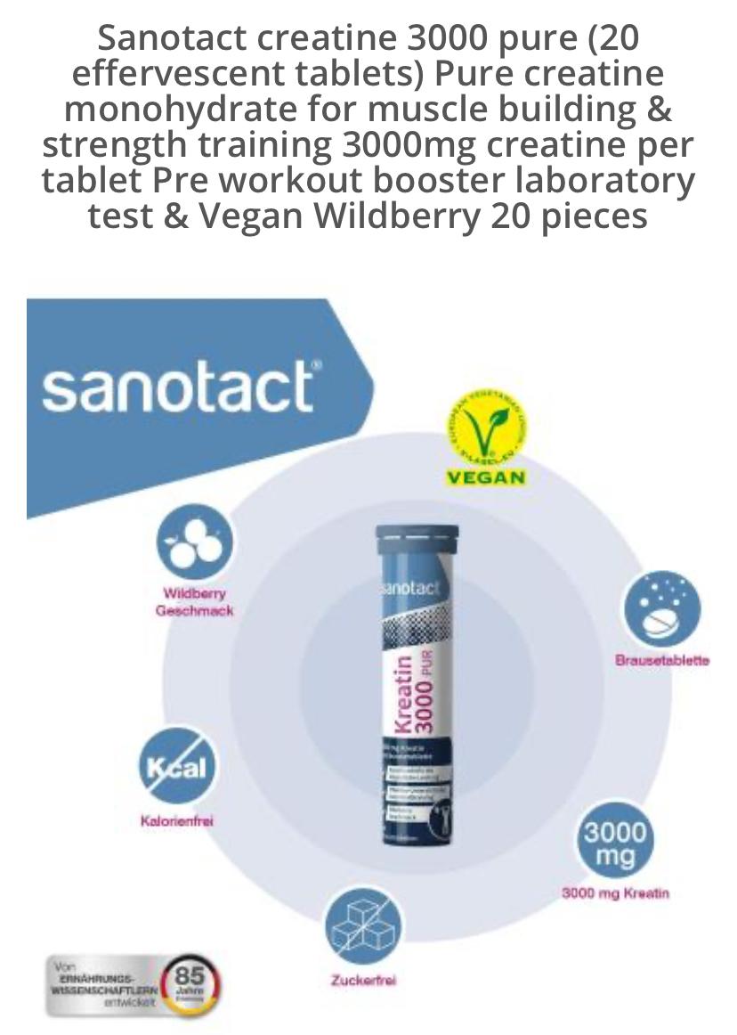 Sanotact creatine 3000 pure (20 effervescent tablets) Pure creatine monohydrate for muscle building &amp; strength training 3000mg creatine per tablet Pre workout booster laboratory test &amp; Vegan Wildberry 20 pieces image
